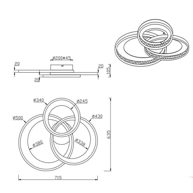 Plafoniera LED 36W, design moderno 2 anelli finitura cromo lucido, 71 cm, 3 intensità di luce regolabili