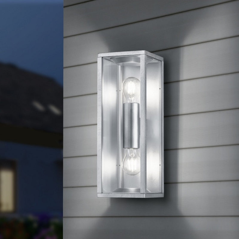 Garonne 201860286 - Lampada a lanterna, applique da esterno moderna zincata, grigio, in metallo e vetro, 2 luci E27