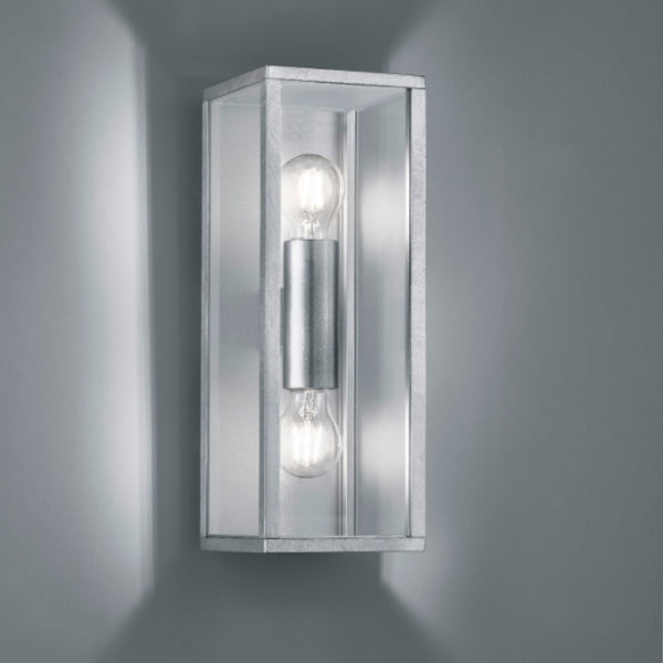 Garonne 201860286 - Lampada a lanterna, applique da esterno moderna zincata, grigio, in metallo e vetro, 2 luci E27