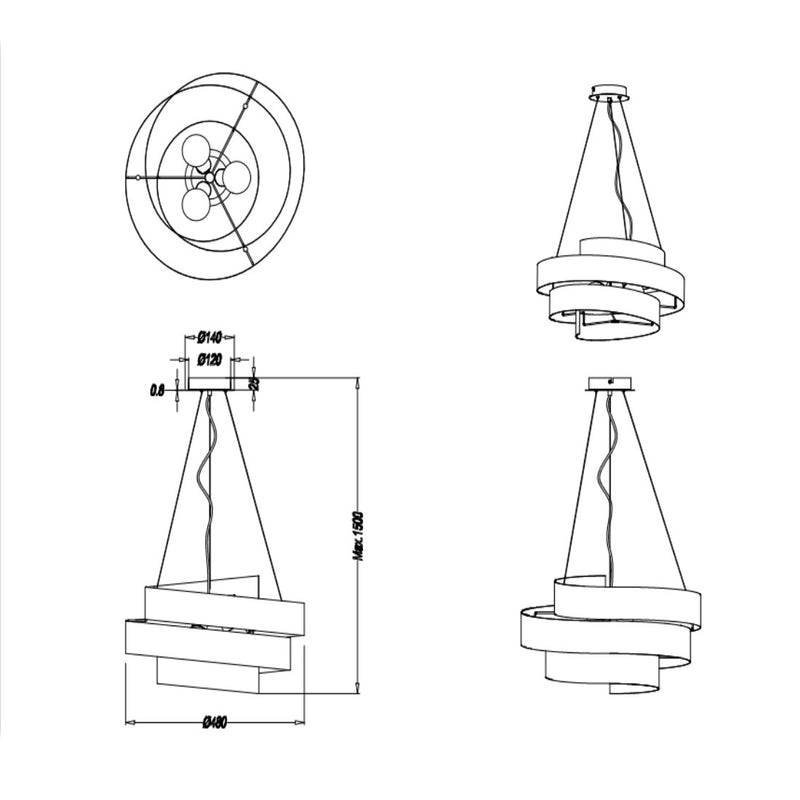 Lampadario a  sospensione moderno in metallo a spirale Ø48cm 3 luci