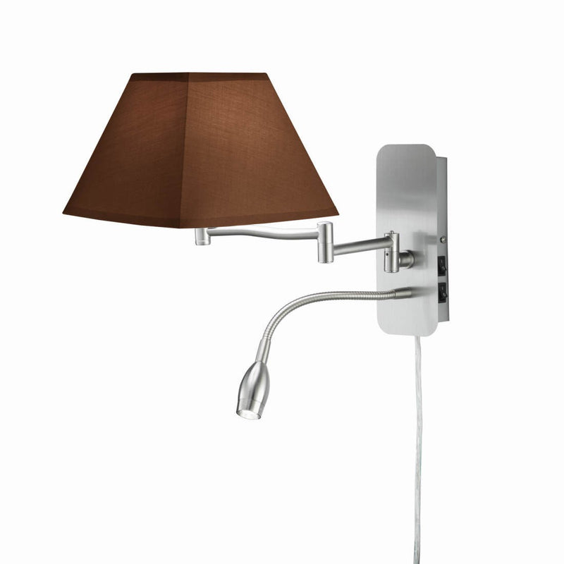 Hotels - Lampada da parete con paralume in tessuto marrone, doppia illuminazione, braccio da lettura LED flessibile