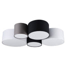 Plafoniera Hotels moderna con 5 paralumi Ø diversi in tessuto colorato