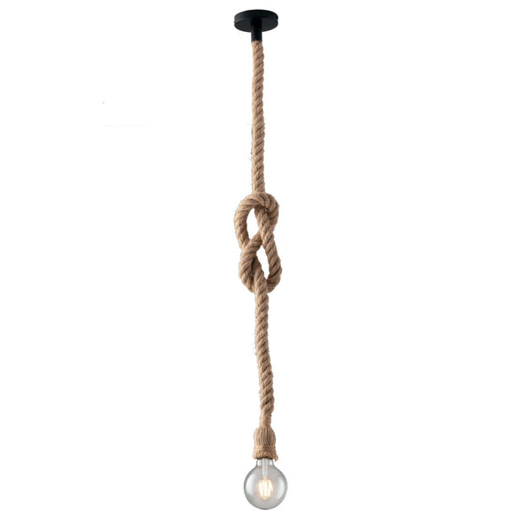 Lampada a sospensione 1 luce metallo nero e corda canapa stile vintage industrial