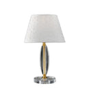 Lampada da tavolo classica chic con base in cristallo trasparente finiture oro e paralume bianco