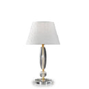 Lampada da tavolo classica grande con base in cristallo trasparente finiture oro e paralume decorato