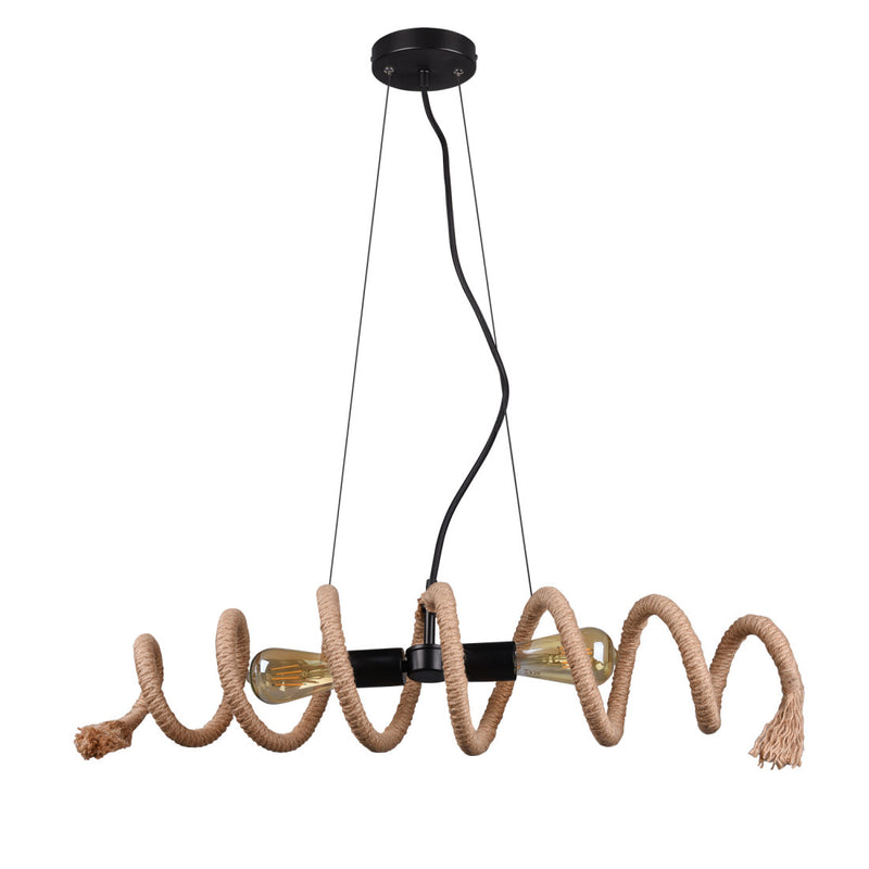 Lampadario 2 luci in metallo nero e corda