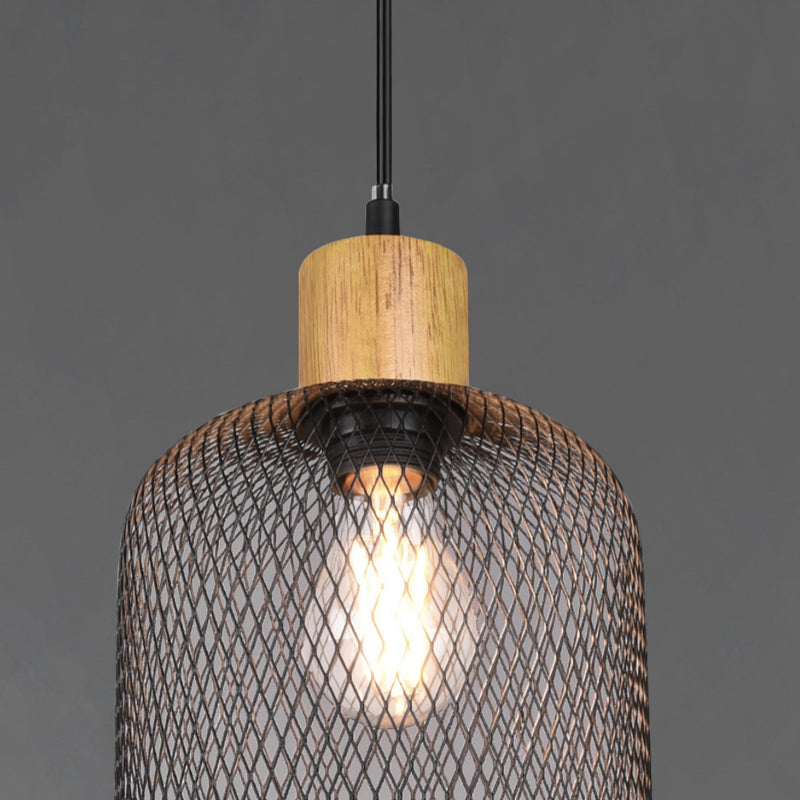 Lampadario a gabbia in metallo nero con base in legno