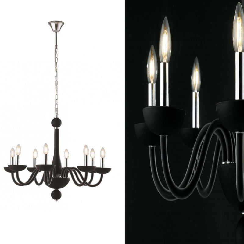 Lampadario classico Alfiere a 8 luci in vetro soffiato nero con bracci curvi e dettagli cromati