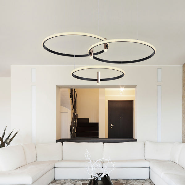 Lampadario LED Coco 72W triplo anello nero e oro moderno
