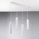 lampadario moderno bianco a sospensione con quattro tubi in metallo
