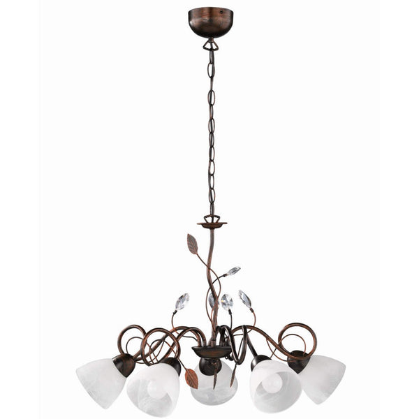 Lampadario Traditio a 5 luci in metallo ruggine e vetro alabastro