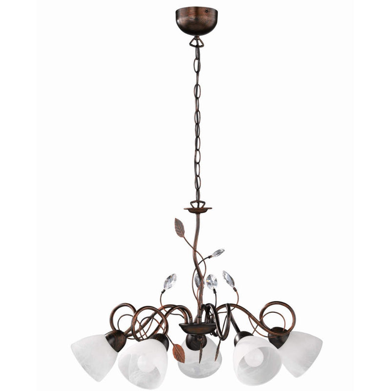 Lampadario Traditio a 5 luci in metallo ruggine e vetro alabastro