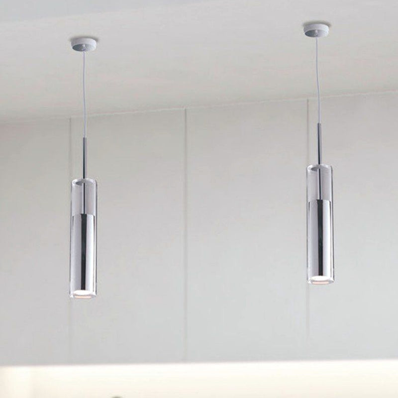 lampadario tubolare moderno a sospensione in vetro trasparente e cromo lucido
