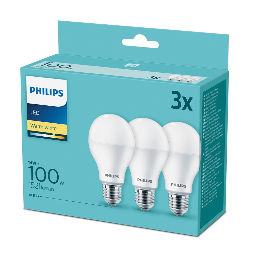 Philips - Pack risparmio 3 lampadine LED =100W E27, luce calda 2700K.