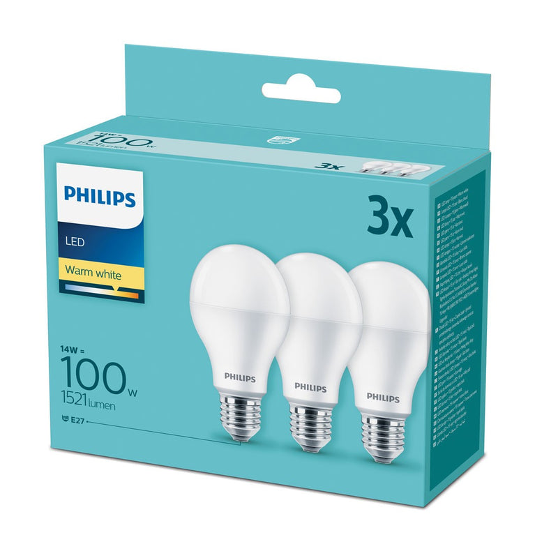 Philips - Confezione risparmio! 3 lampadine LED 13W=100W E27, luce calda 2700K.