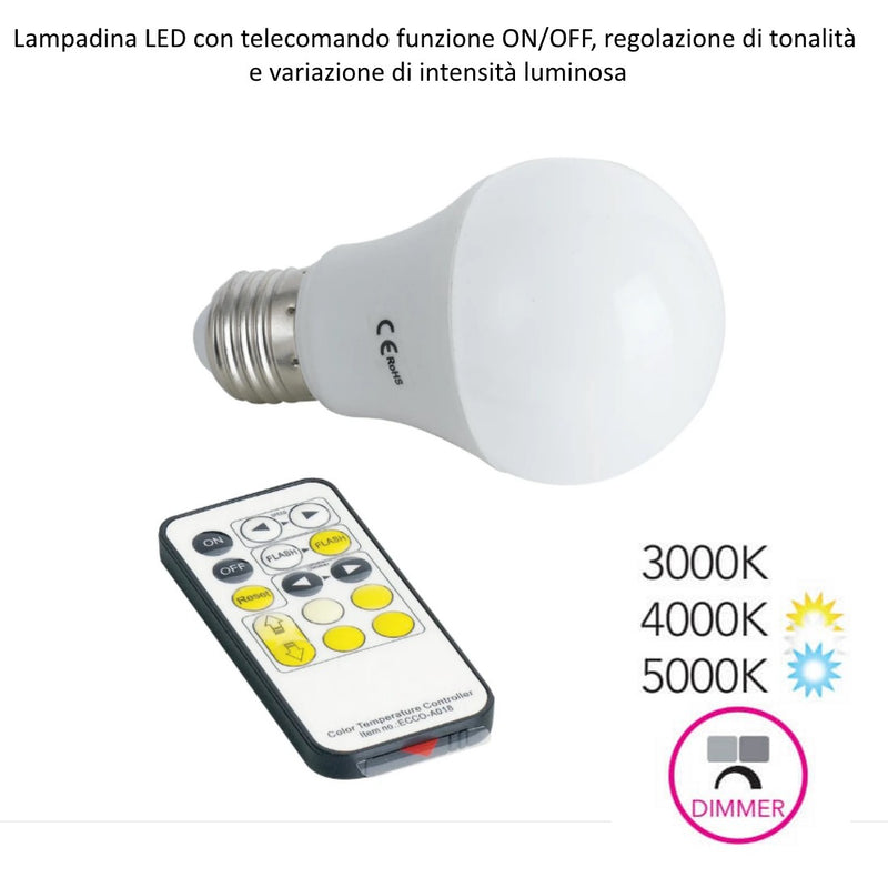 Lampadina LED 8,5W, dimmerabile, bianco variabile CCT 3000-5000K, con telecomando