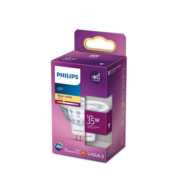 Lampadina LED Philips MR16 GU5.3 12V 5W 345 lumen 2700K con fascio 36 gradi e tecnologia EyeComfort per comfort visivo e colori naturali