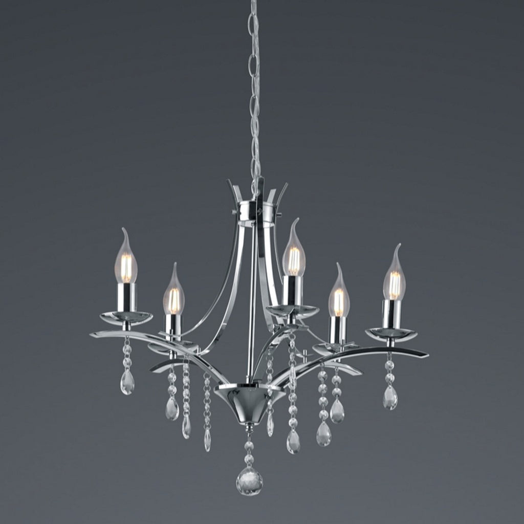 Lampadario moderno 5 luci, stile candeliere classico con pendagli, metallo cromato lucido