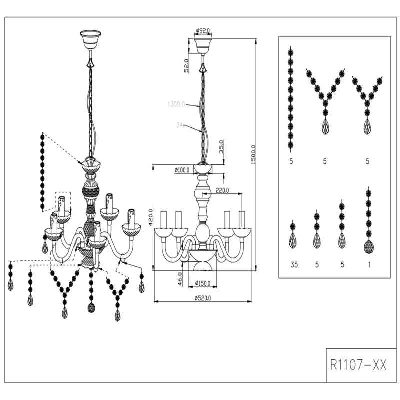 Lüster R1107-06 - Lampadario candeliere classico in acrilico cromato 5 luci