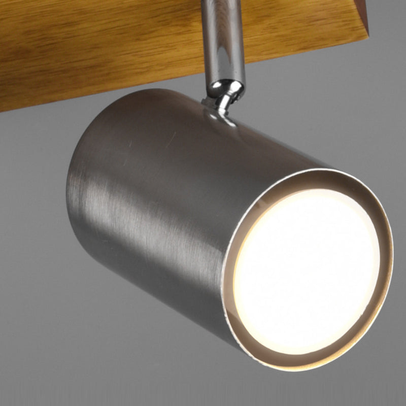 Marley - Lampada barra 3 luci orientabili base in legno e faretti acciaio, da soffitto e parete