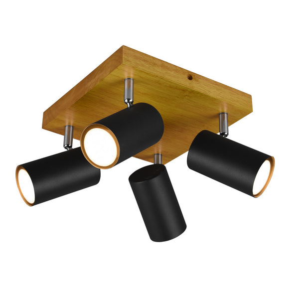 Marley - Plafoniera moderna in legno e metallo nero, 4 faretti tubolari orientabili
