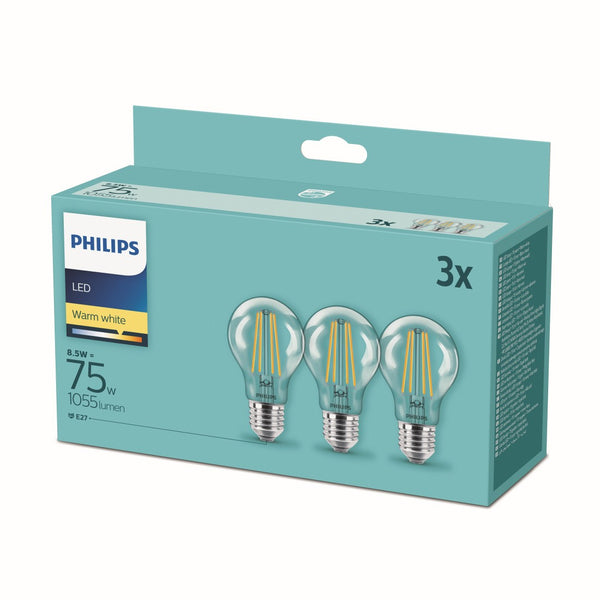 Philips - confezione risparmio: 3 lampadine LED trasparenti a filamento, 8,5W=75W, attacco E27, luce calda 2700K