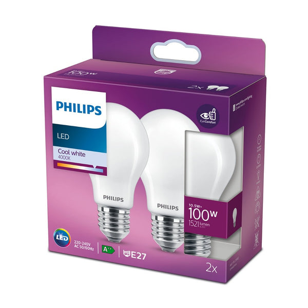 Philips - 2 lampadine LED 10,5W=100W, attacco E27, luce bianco naturale 4000K,