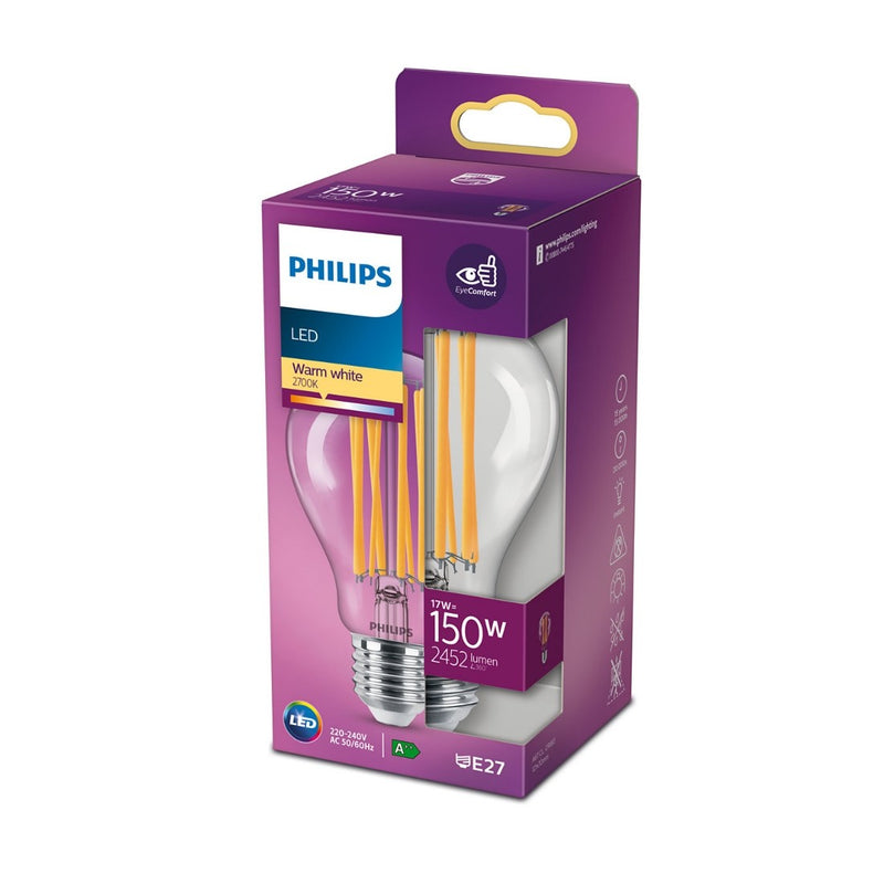 Philips - Lampadina LED E27, 17W = 150W, luce calda 2700K, vetro trasparente con LED a filamento.