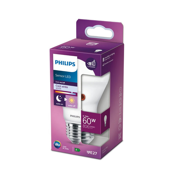 Philips - Lampadina LED crepuscolare, E27, 6,5W, 4000K, si accende in automatico al buio, cod.