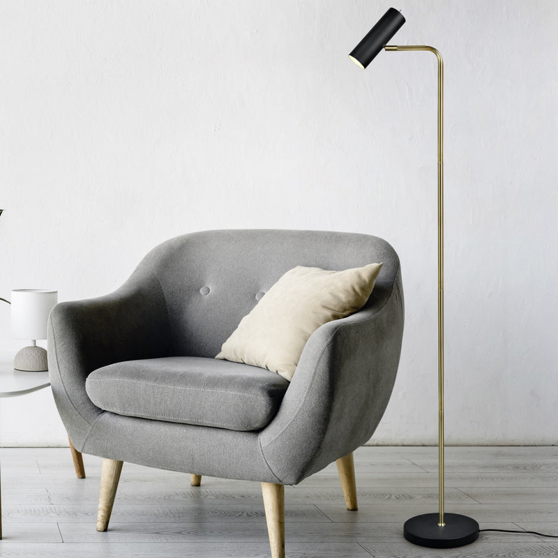 Piantana elegante Marley in metallo nero oro con design sottile e poco ingombrante per ambienti moderni