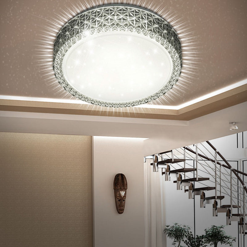 Plafoniera LED da soffitto con bordo glitter tipo cielo stellato, 28 cm, luce calda ideale per soggiorno, camera o corridoio.