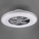 plafoniera LED bianca con bordo cristallo e ventilatore silenzioso integrato per interni eleganti