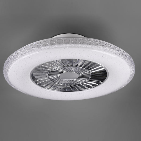 plafoniera LED bianca con bordo cristallo e ventilatore silenzioso integrato per interni eleganti