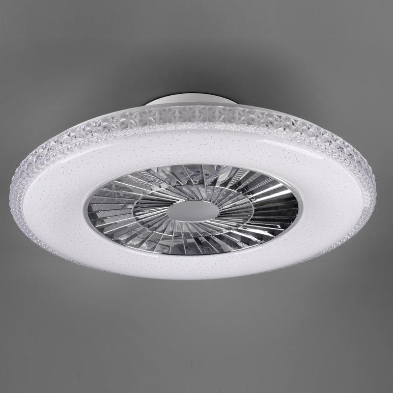 plafoniera LED bianca con bordo cristallo e ventilatore silenzioso integrato per interni eleganti