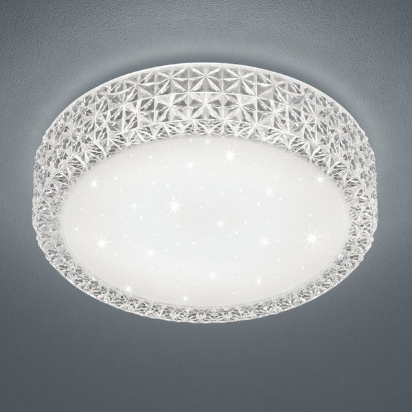 Plafoniera tonda LED 12W con bordo effetto cristallo, luce bianco caldo 3000K per ambienti eleganti e accoglienti.