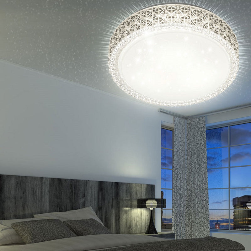 Lampada da soffitto LED 40 cm con riflessi cielo stellato, intensità regolabile e luce bianco caldo 3000K.
