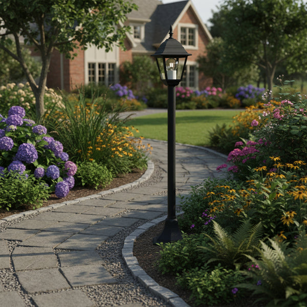 lampioncino da esterno in alluminio nero installato lungo un vialetto