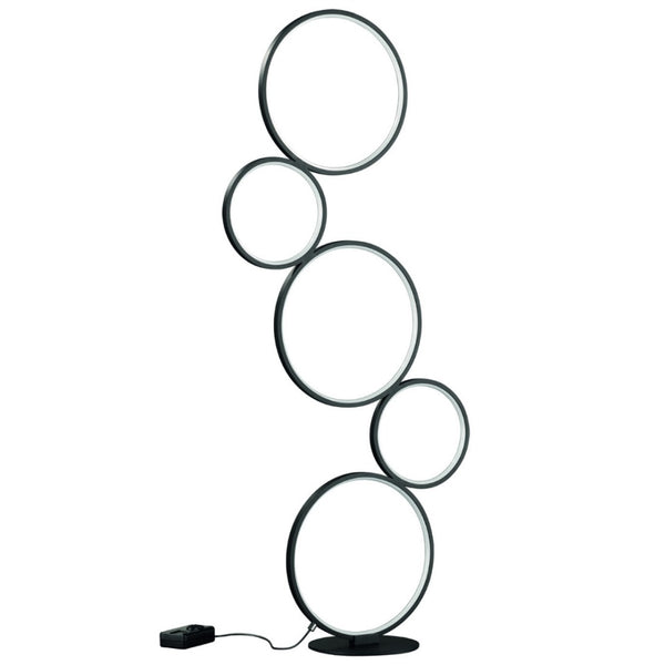 Lampada da terra RONDO nera con 5 anelli luminosi LED dimmerabili, design moderno per soggiorno e camera da letto.