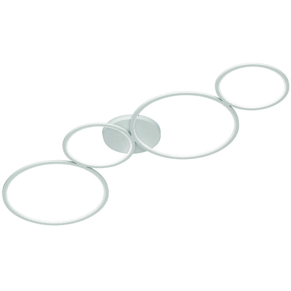 Plafoniera RONDO bianca con 4 anelli luminosi LED dimmerabili 37W, design moderno per soggiorno e camera da letto.