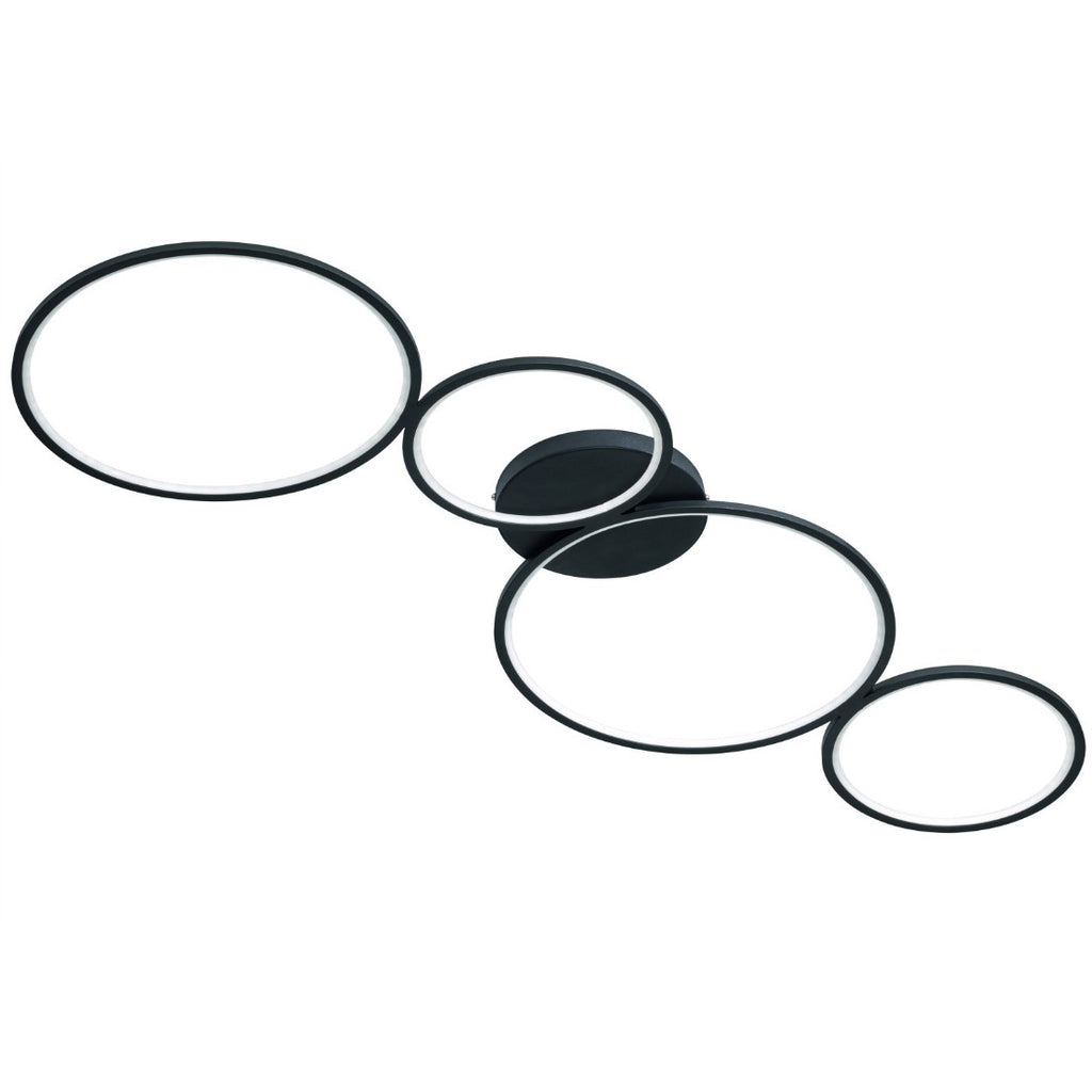 Plafoniera moderna Rondo 4 anelli in metallo nero LED 37W 4800 lumen luce calda 3000K dimmerabile