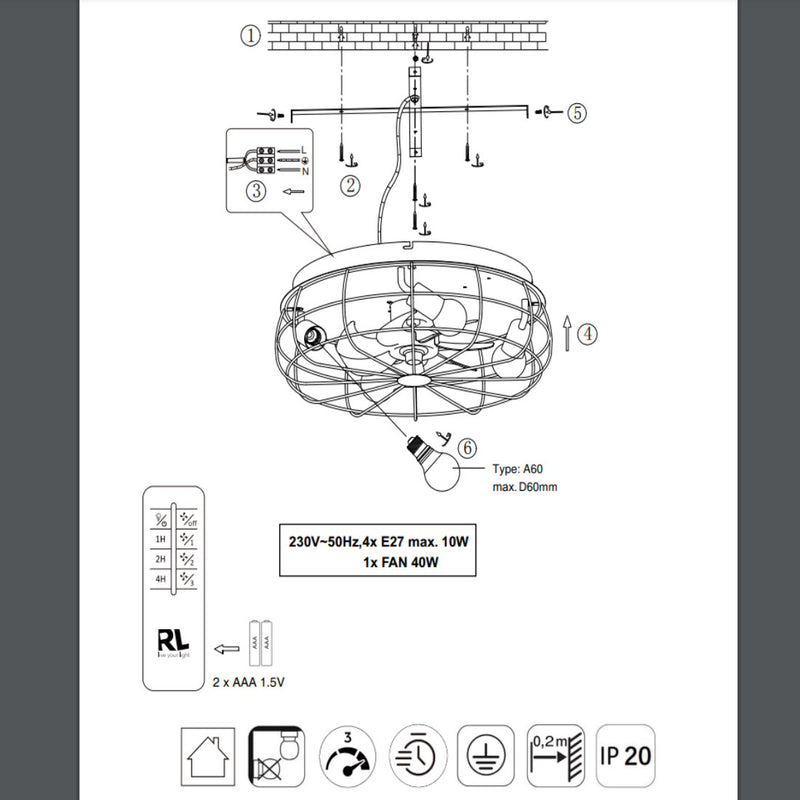 Plafoniera con ventilatore Ø48cm, 4 luci, struttura in metallo bianco