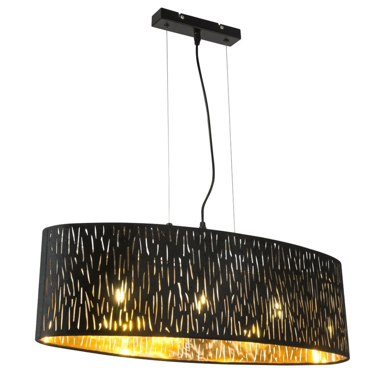 Tuxon - Lampadario ovale velluto nero interno oro, larghezza 65cm, 3 luci, Globo Lighting