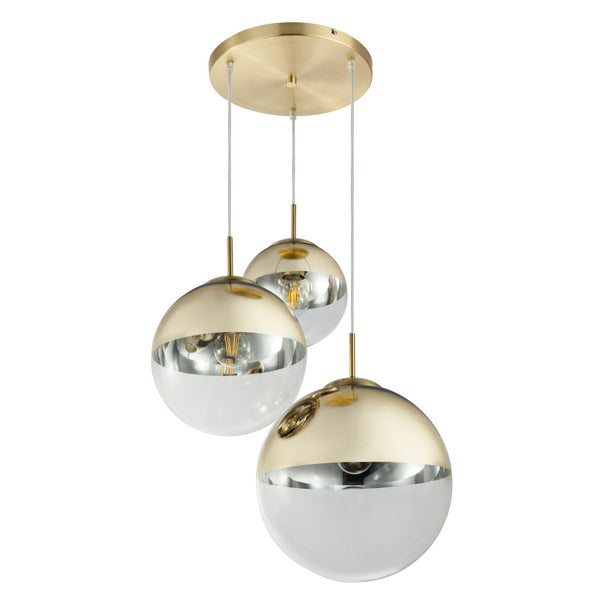 Varus - Lampadario moderno cromato a sospensione, e sfere in vetro con calotta oro