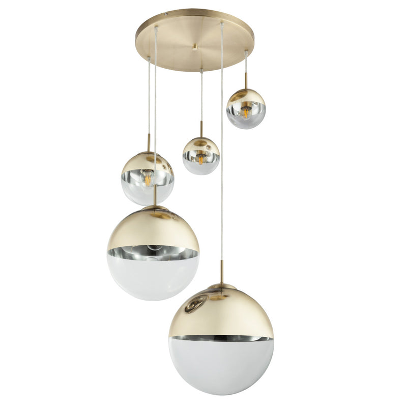 Varus - Lampadario moderno cromato a sospensione, 5 sfere in vetro con calotta oro