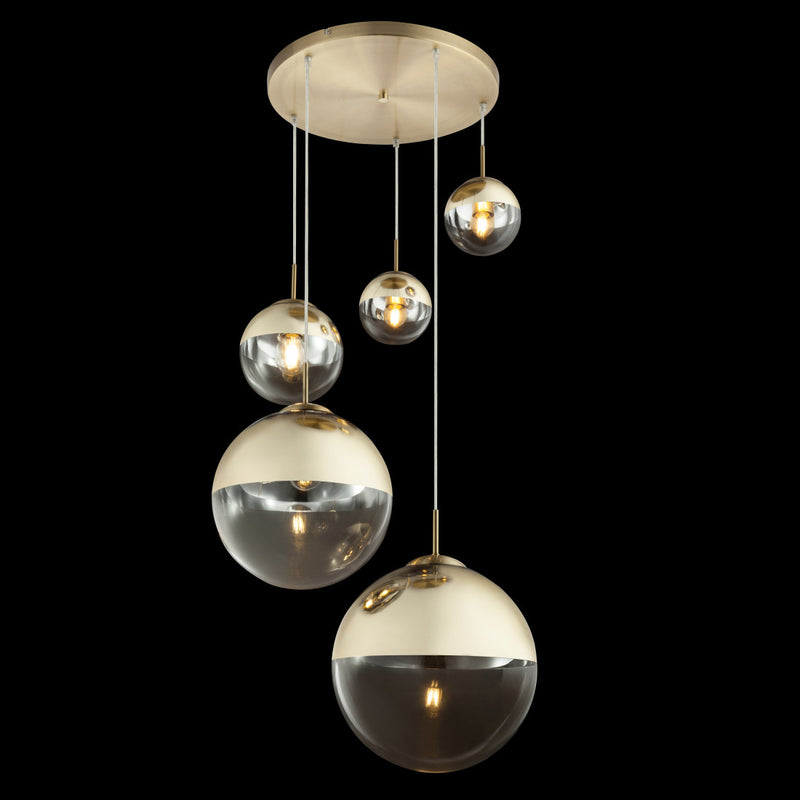 Varus - Lampadario moderno cromato a sospensione, 5 sfere in vetro con calotta oro