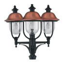 lampione da esterno Venezia rustico con tre lanterne con cappello in rame